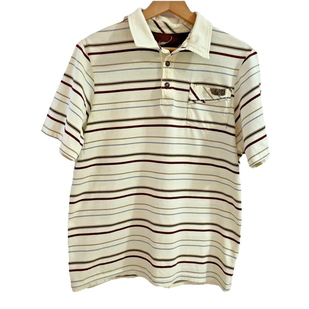VTG Y2K Fox Polo Shirt Men's Large Beige Cotton Stripe Distressed Pinkerton